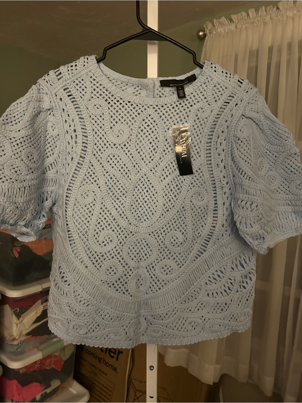 White House Black Market Light Blue Crochet Short Sleeve Top